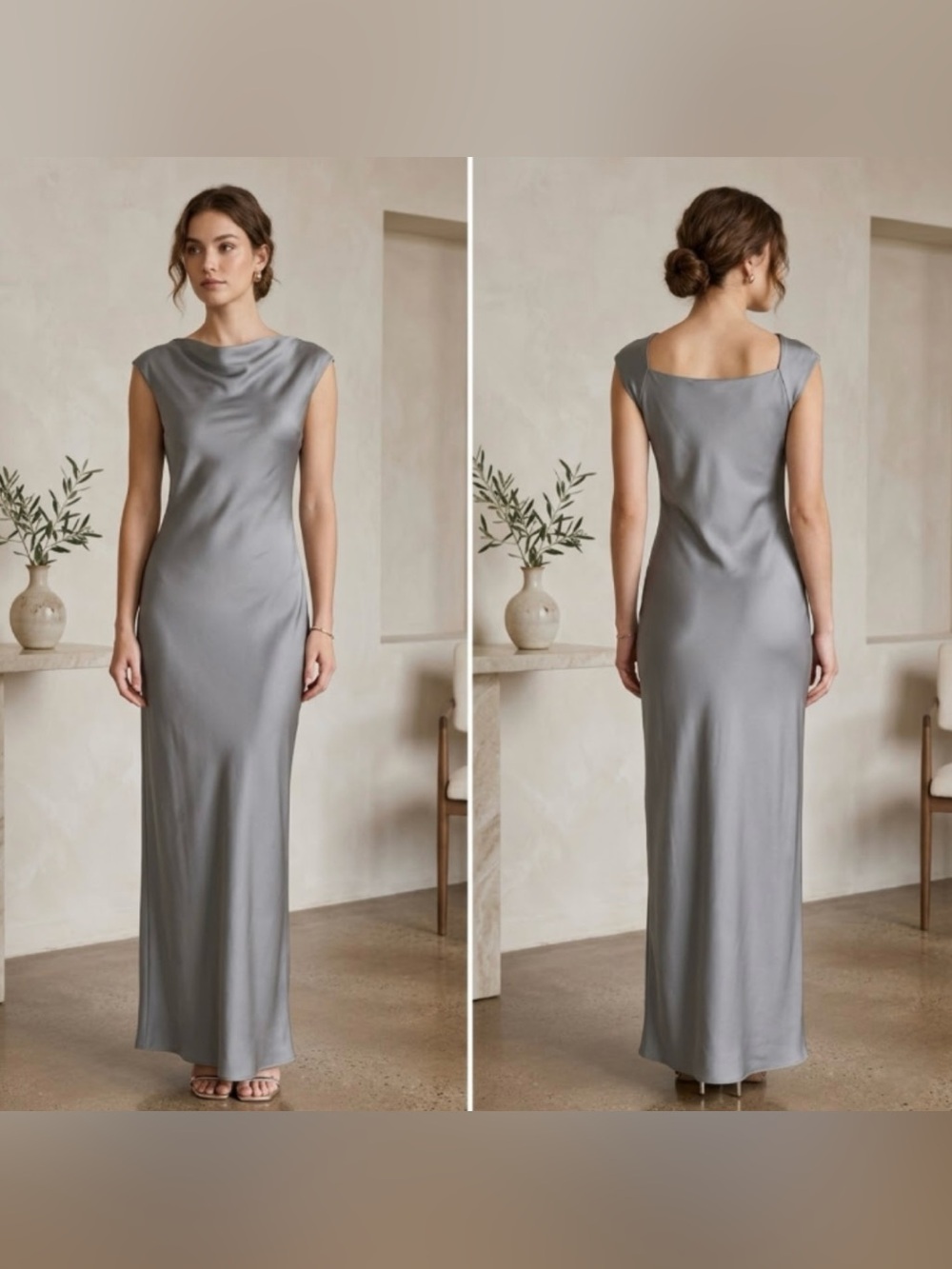 Donna Karan Black Label US 12 Silvery Gray Liquid Satin Vintage Y2K Slip Dress